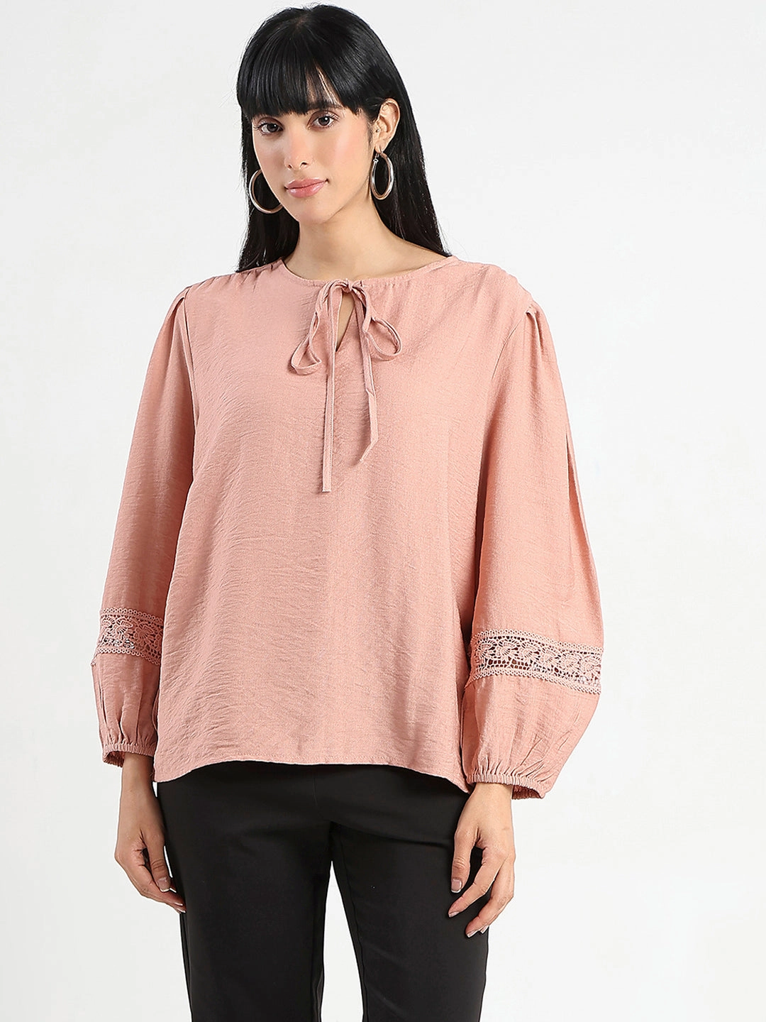 Madame Tie Neck Blush Pink Rayon Blend Top Non Slip Shoulder Seams