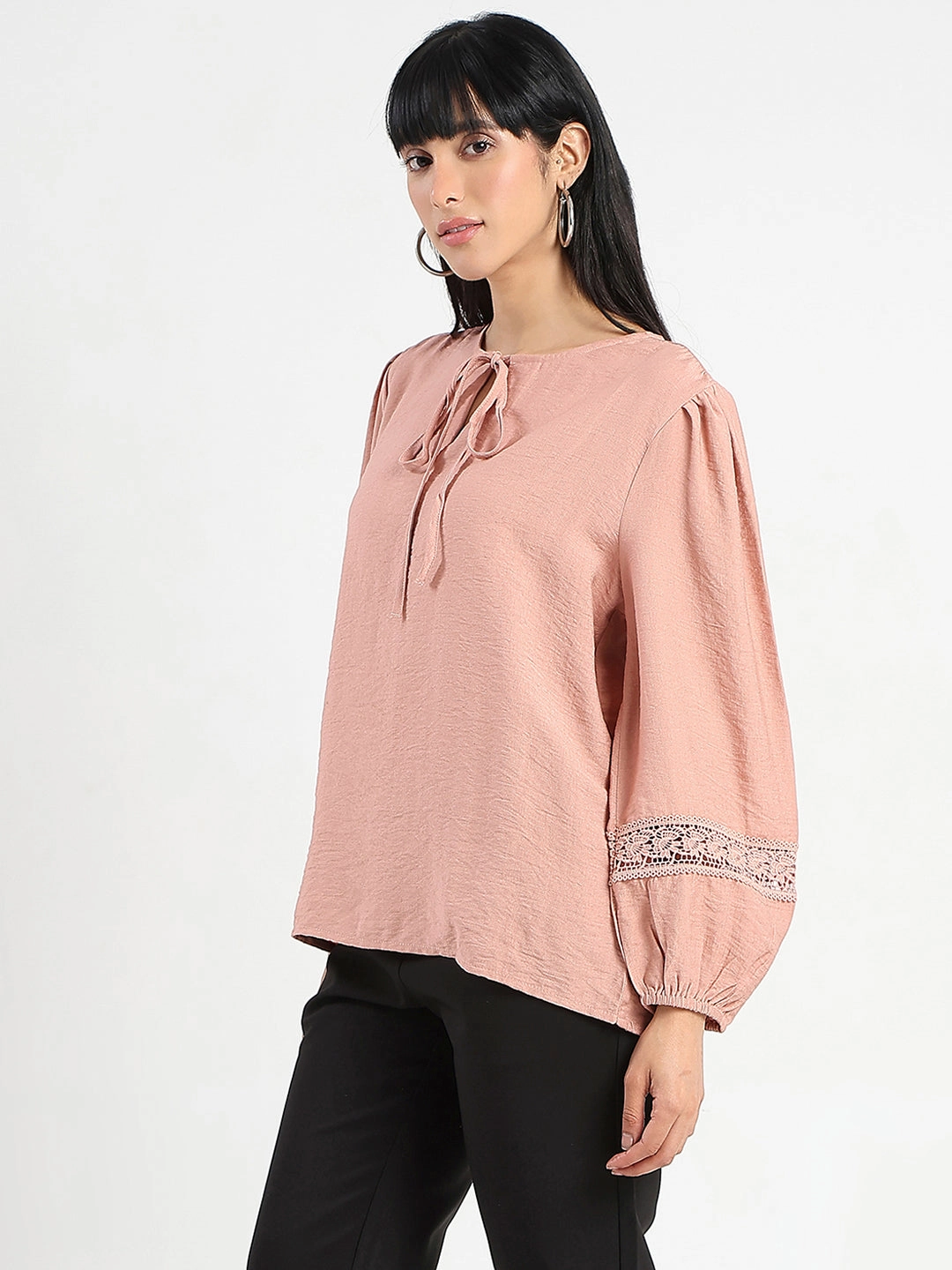 FlexibleCuffs Madame Tie Neck Blush Pink Rayon Blend Top