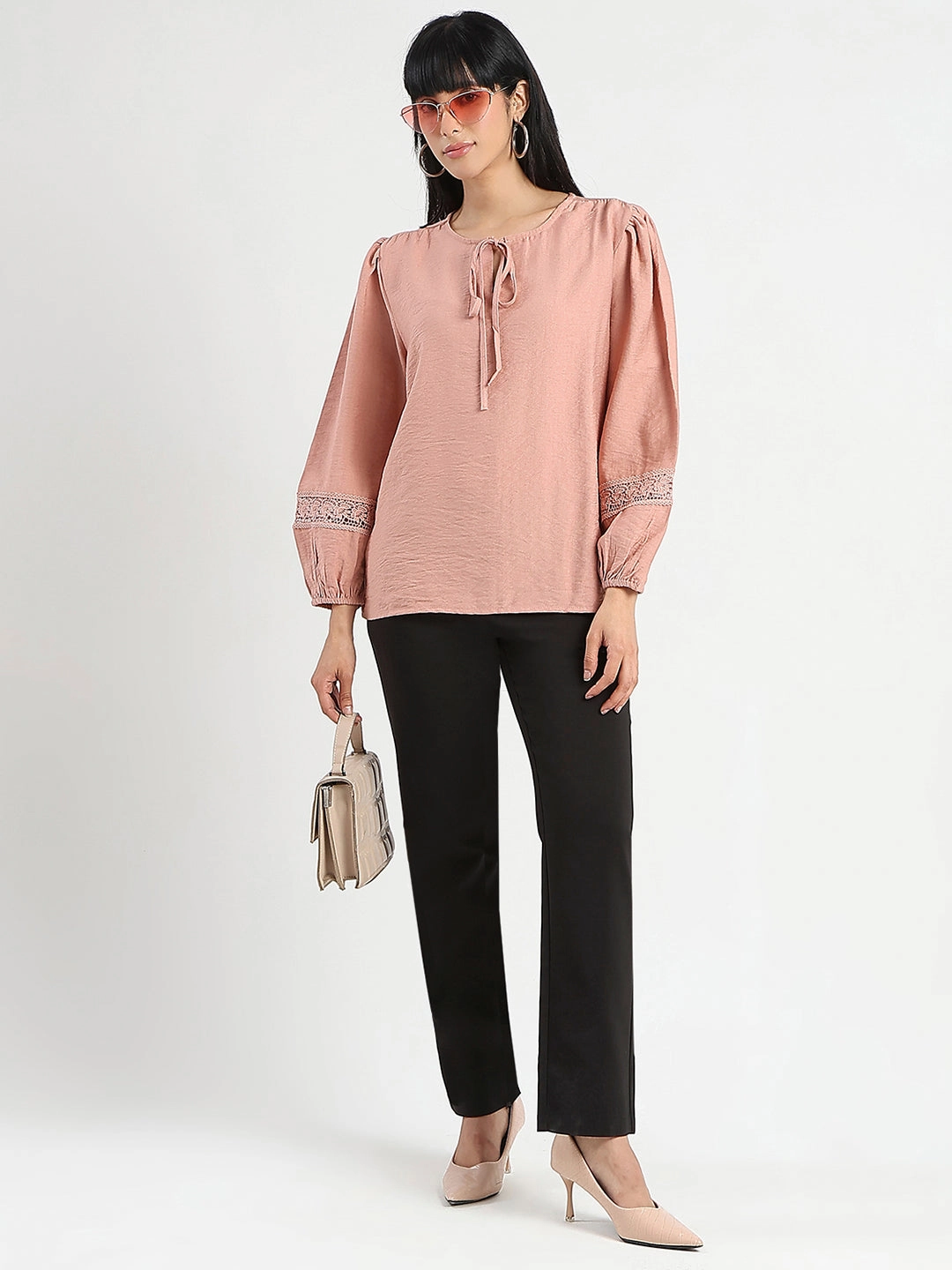 Madame Tie Neck Blush Pink Rayon Blend Top Roll Up Sleeve Design Self Cleaning Coating