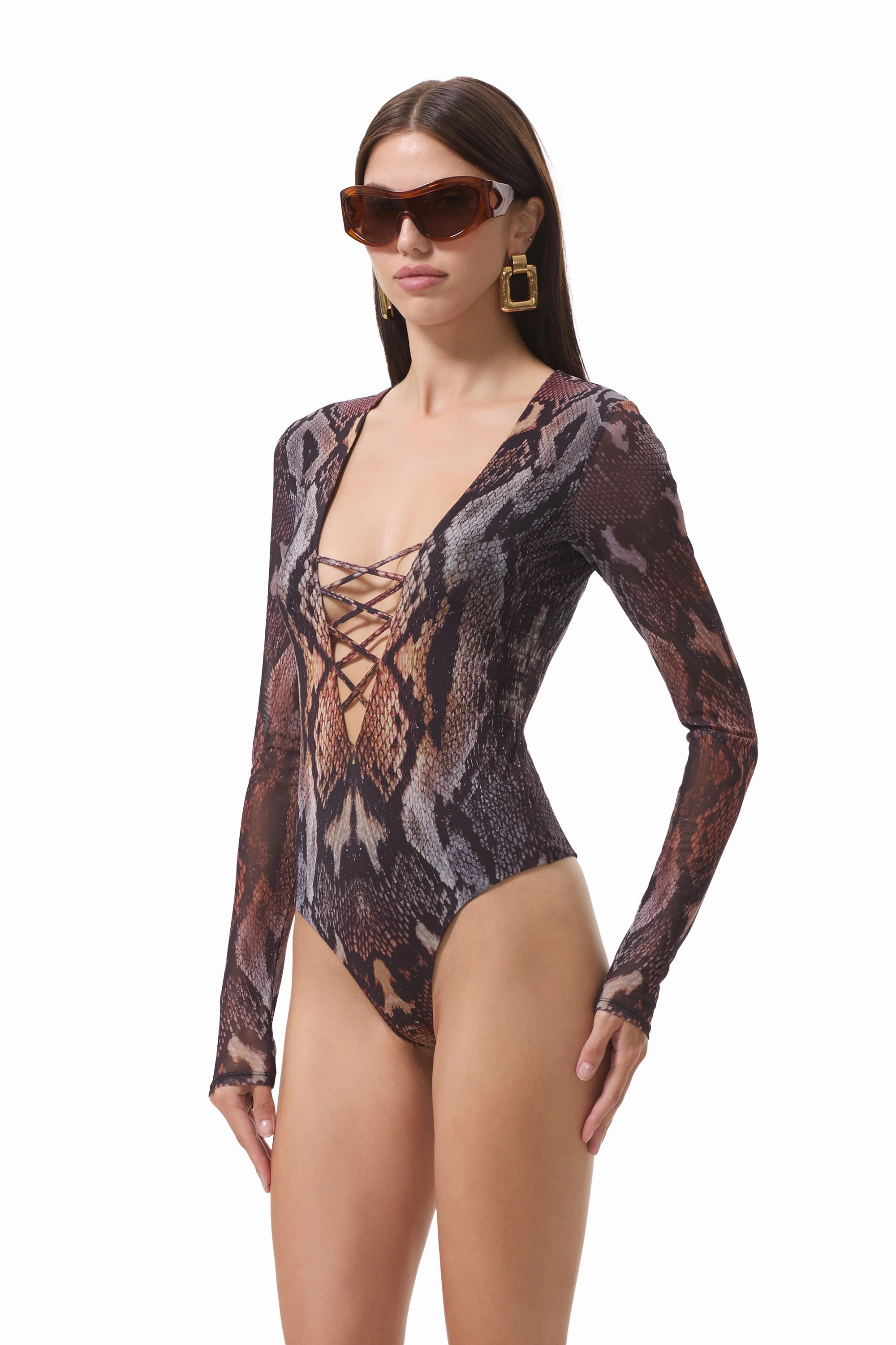 Eaton Bodysuit - Placed Umber Snake HighStretchElastic