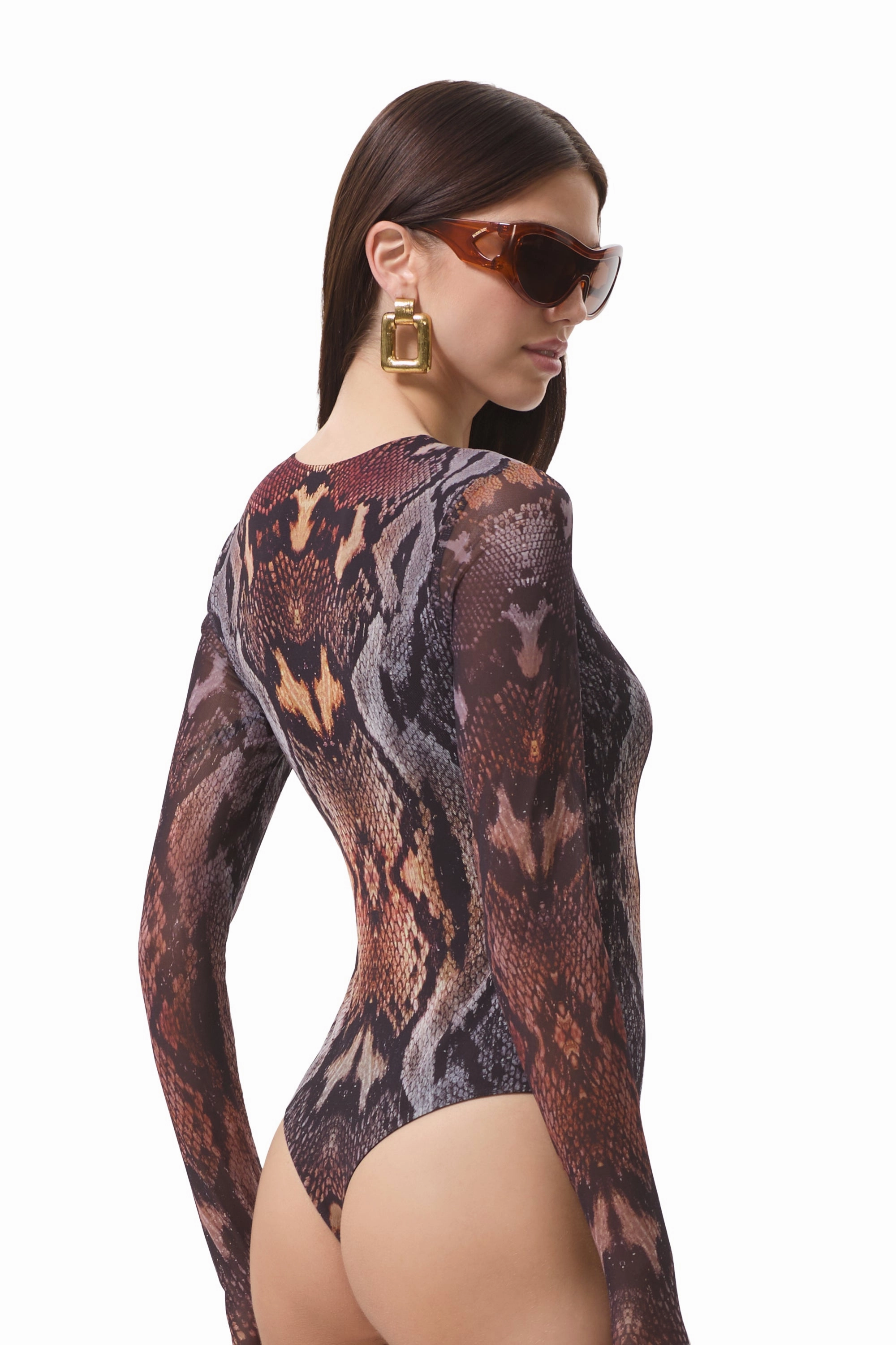 V-neck Shirt Long Sleeve Tee Eaton Bodysuit - Placed Umber Snake