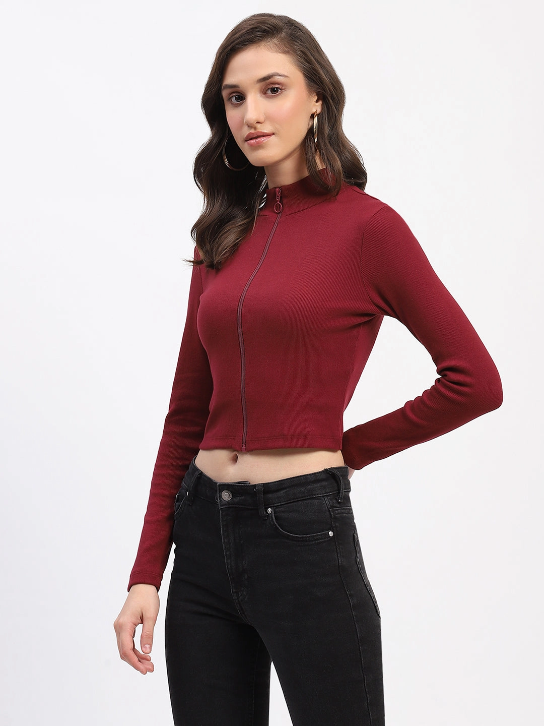 Madame Ribbed Mock Neck Zipped Bodycon Wine Top Convertible Sleeve Adaptation simple design