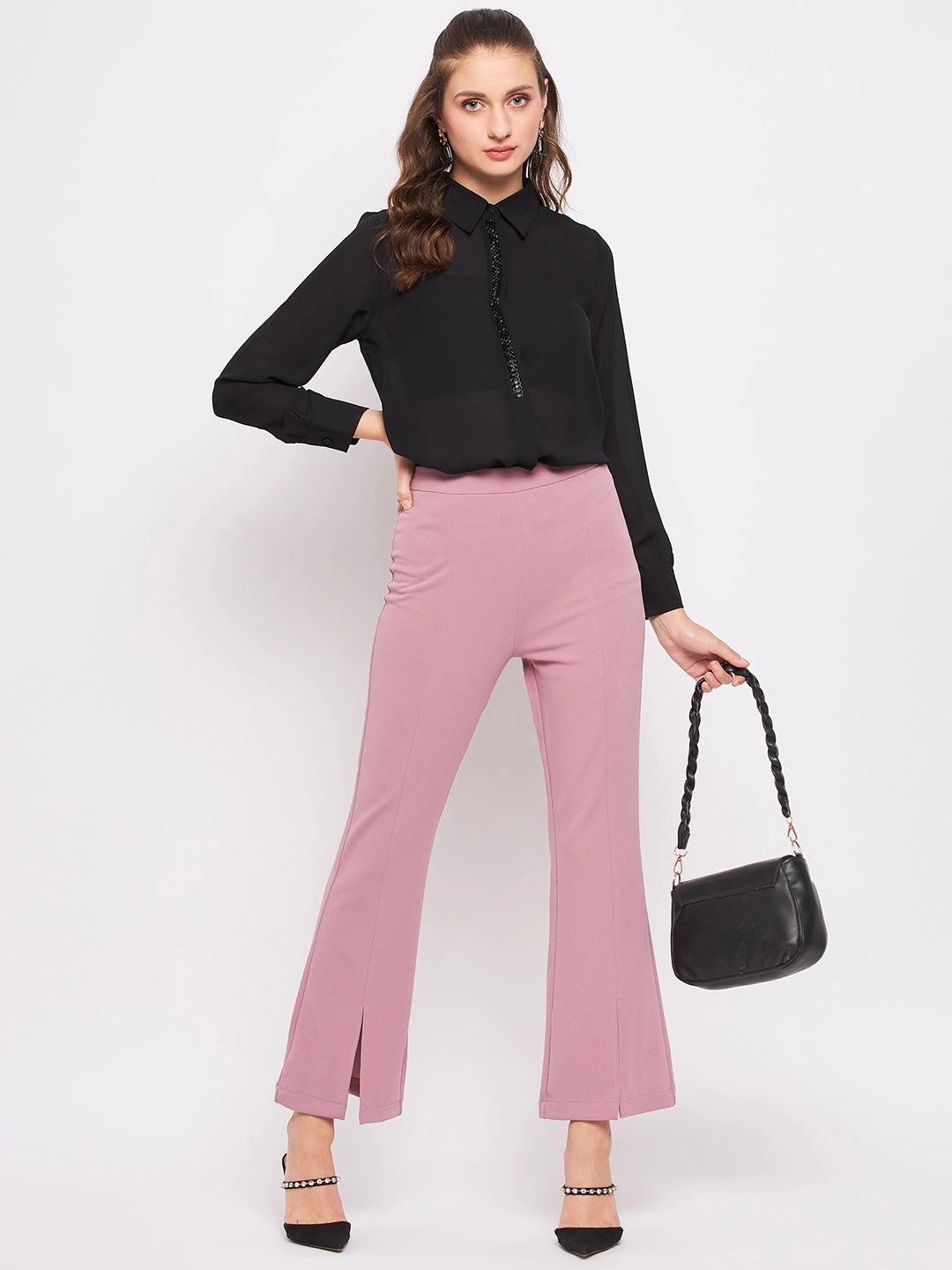 Double Stitched Seams Madame Black Embellished Shirt