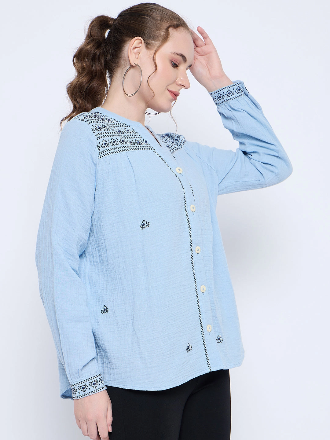 Madame Cotton Embroidery Detailed Sky Blue Top 3D Spacer Fabric