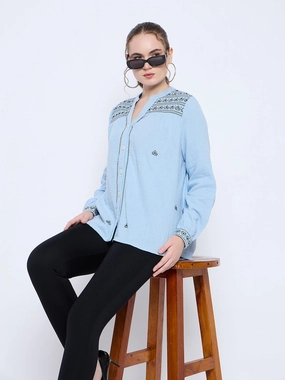 TaglessCollars Elastic Edge Binding Madame Cotton Embroidery Detailed Sky Blue Top
