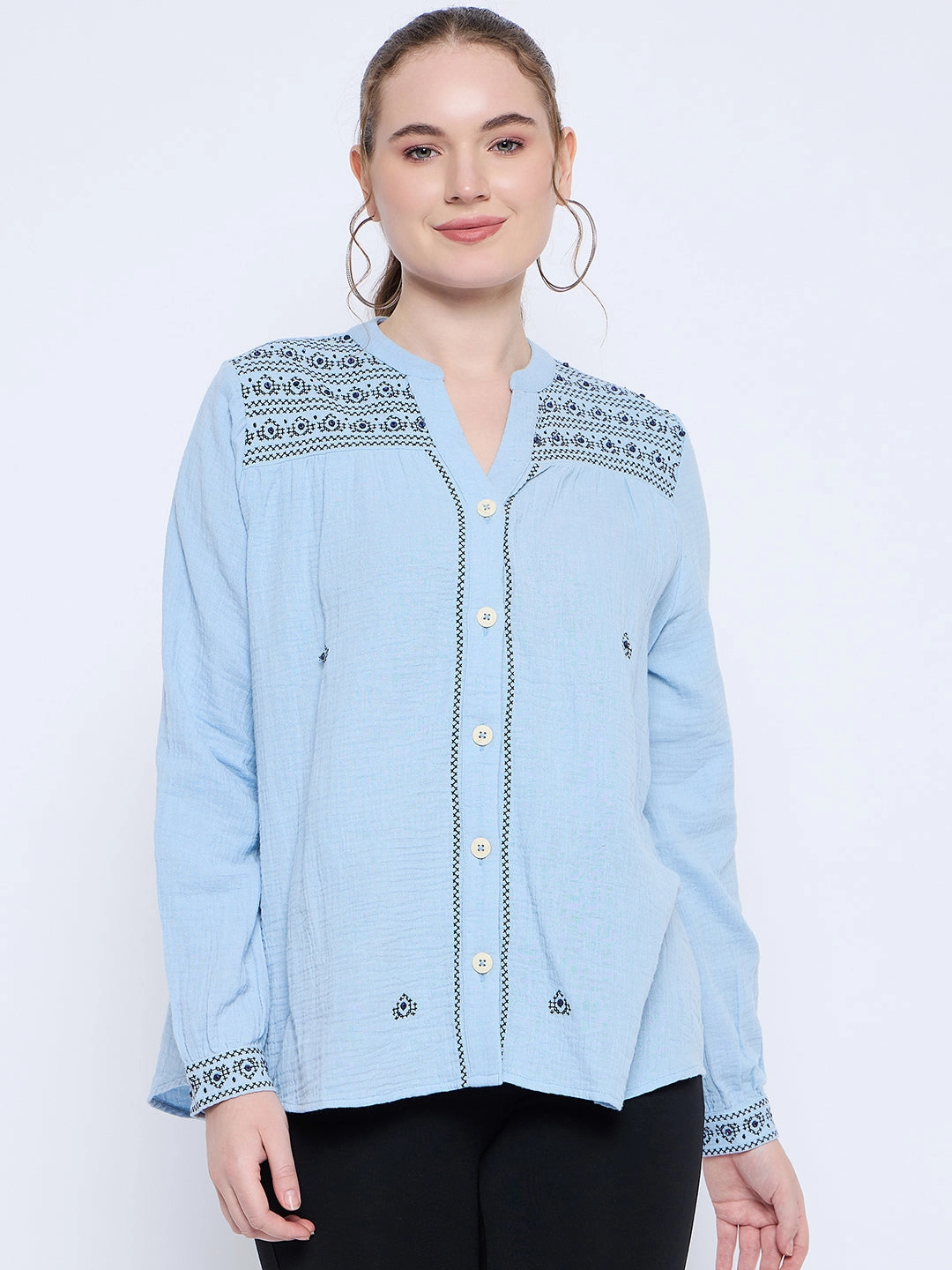 Office Look Madame Cotton Embroidery Detailed Sky Blue Top