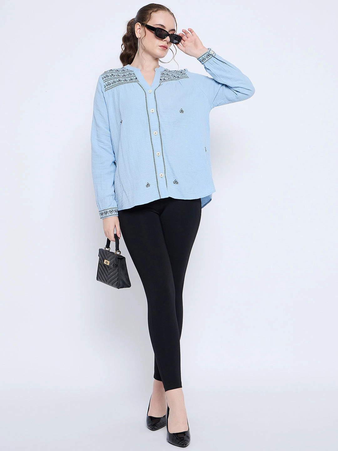 CrewNeck Madame Cotton Embroidery Detailed Sky Blue Top