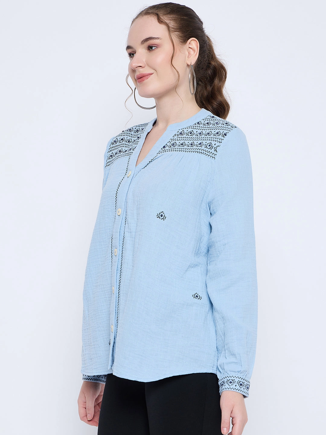 FadeResistant Madame Cotton Embroidery Detailed Sky Blue Top