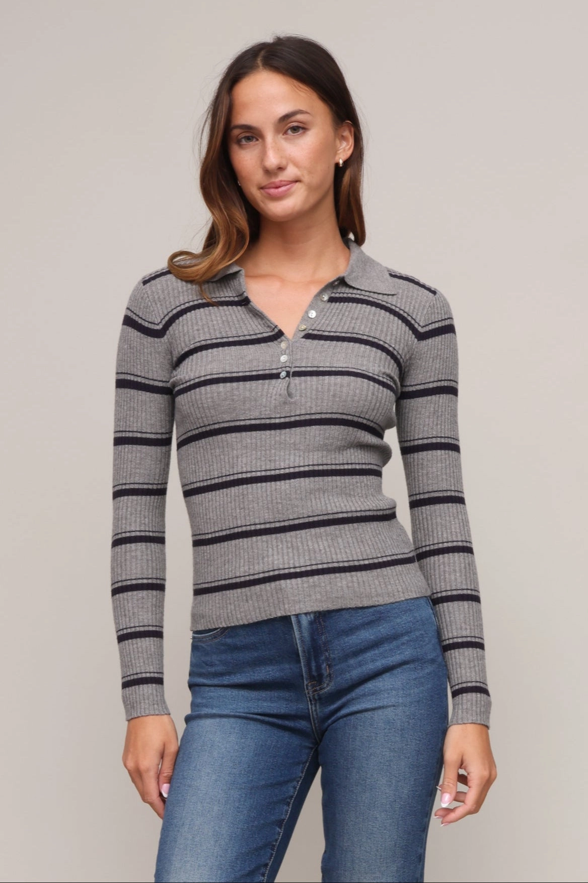 Non Restrictive Silhouette Quinn Striped Polo Sweater