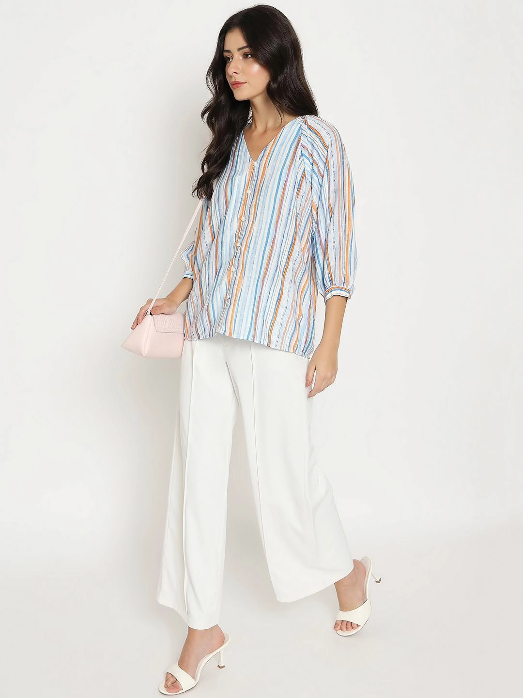 Printed Hoodie Ethically Sourced Material Madame Striped Rayon Blend Blue Top