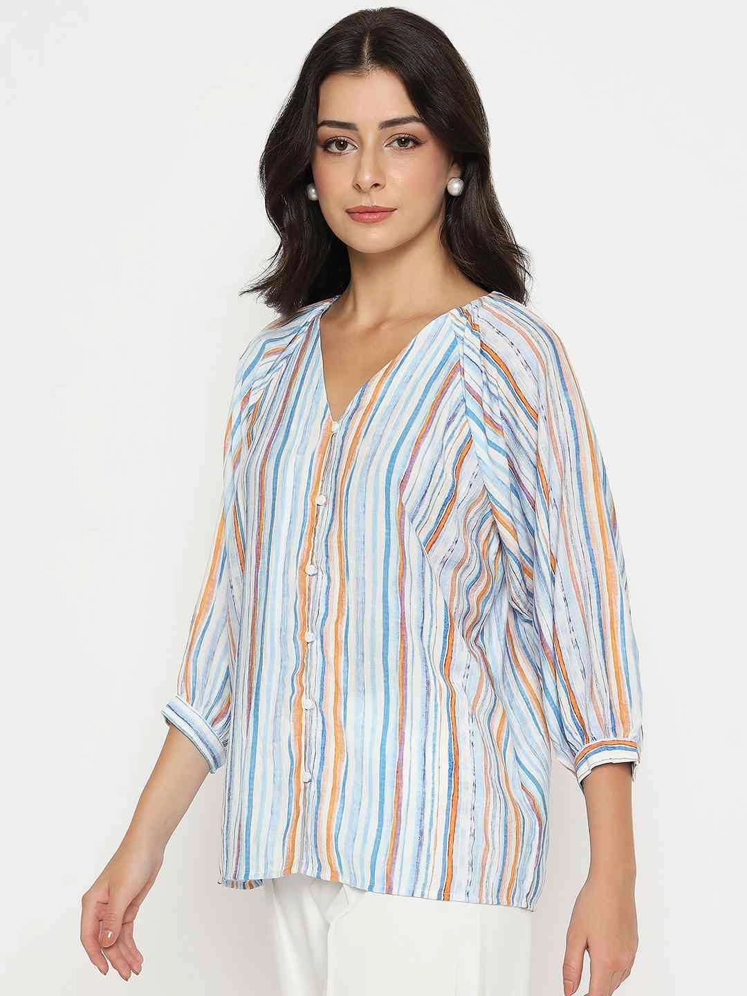 Breathable Knit Fabric Non Irritating Label Madame Striped Rayon Blend Blue Top
