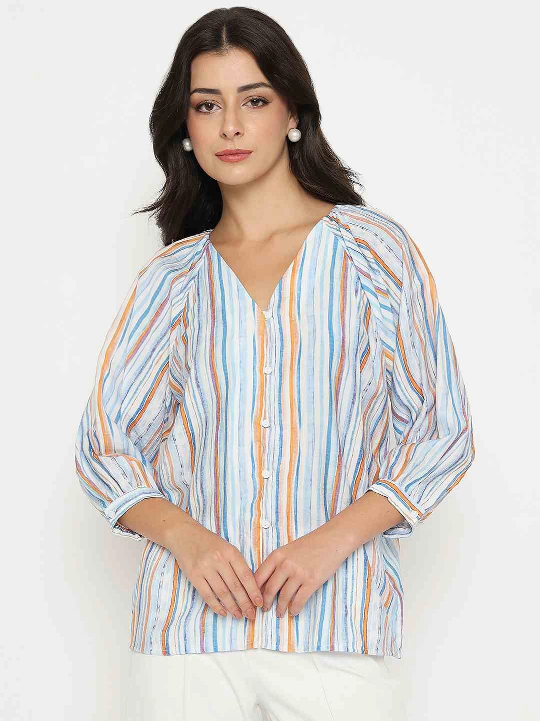 Madame Striped Rayon Blend Blue Top Double Needle Hemming WideNeckline