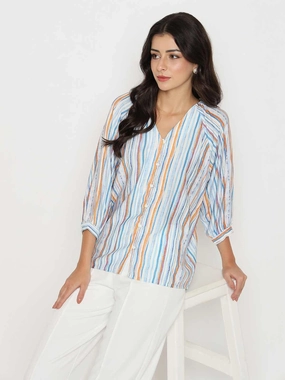 Madame Striped Rayon Blend Blue Top High Durability Material