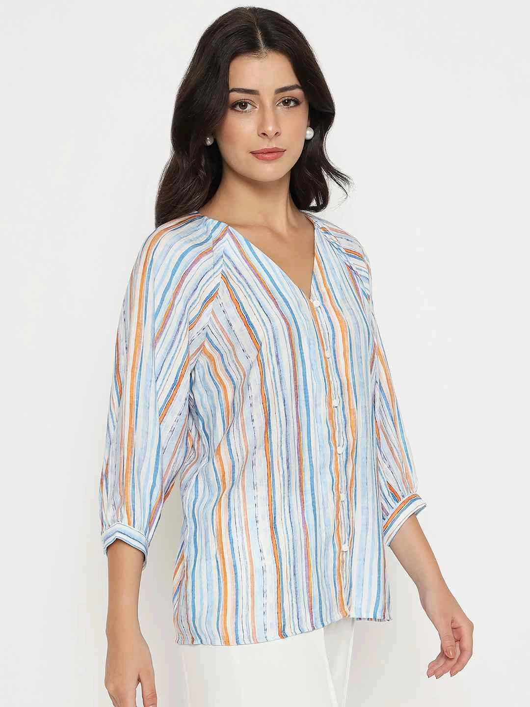 Bound Seam Edges UV protection layer Madame Striped Rayon Blend Blue Top