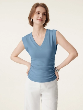 LongWearingComfort Stretch Cotton V-neck Side Ruched Muscle Tee