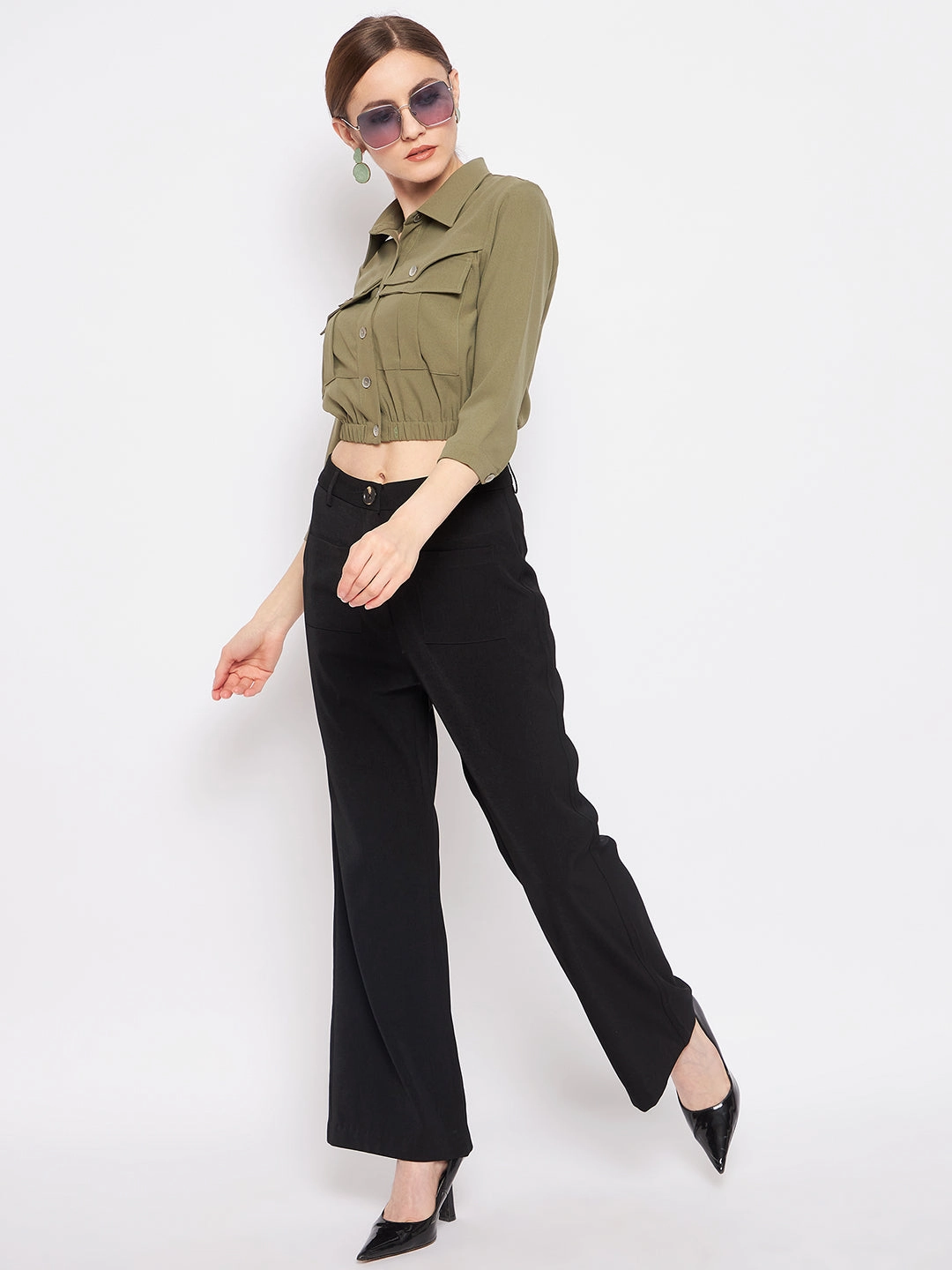 High Collar Design Textured Fabric Finish Madame Olive Top