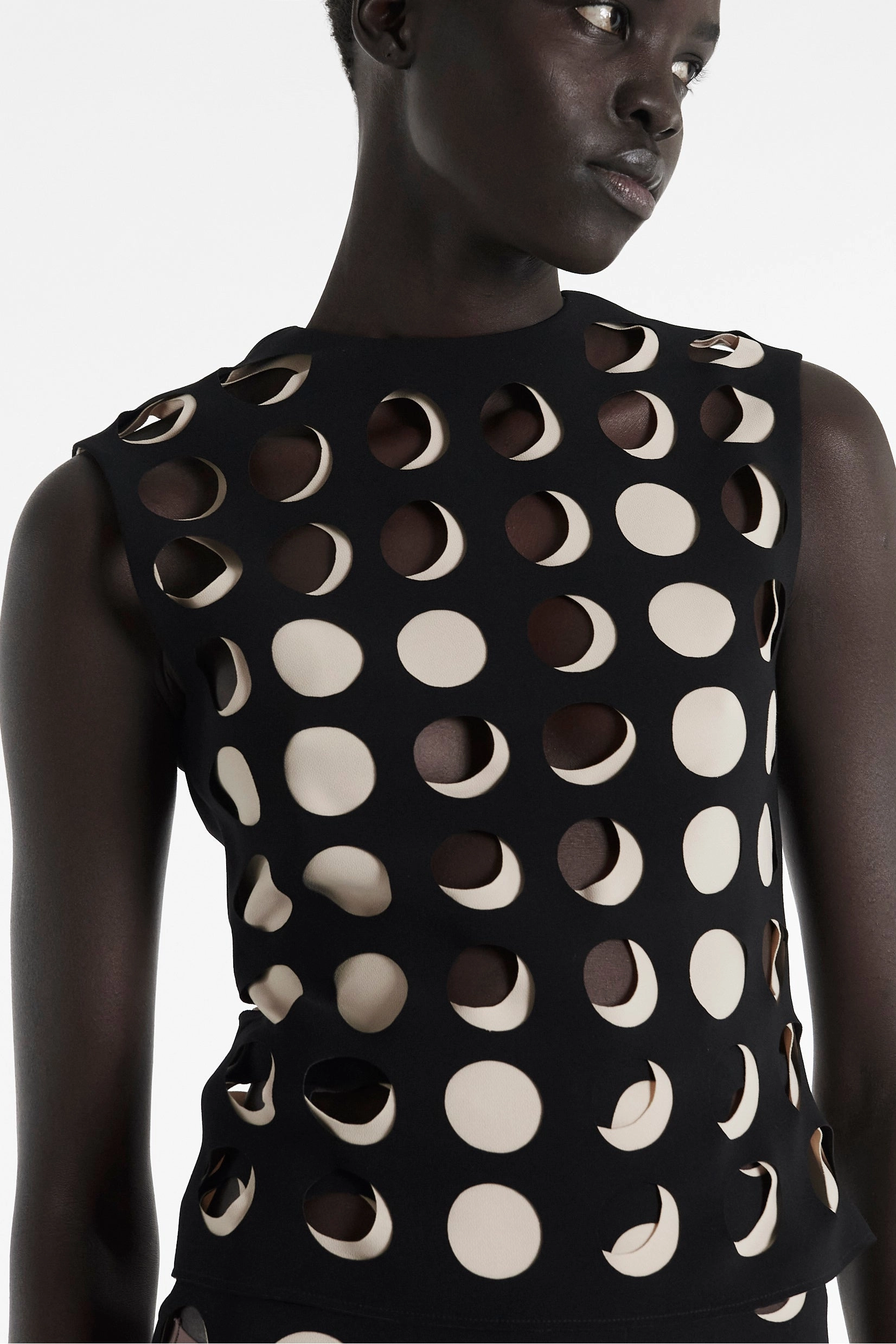 Top With Layered Circular Cutouts Black Nude Interlock Knit