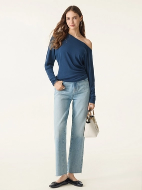 Lyocell Cashmere Cold-Shoulder Semi-Sheer Top BreathableMesh