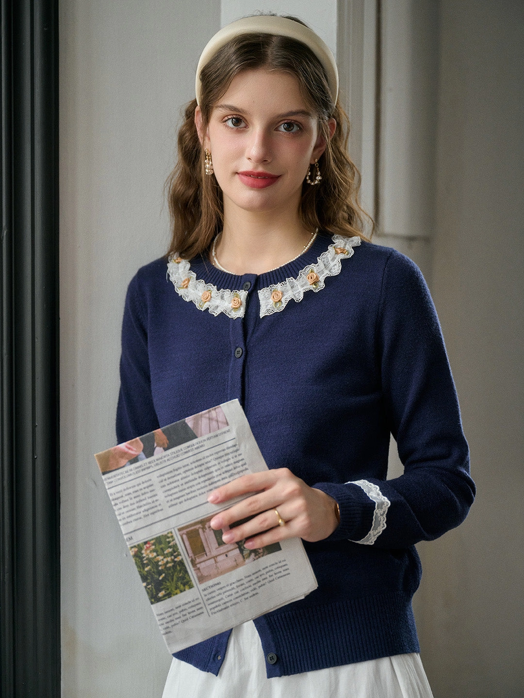 Soft touch finish Non Restrictive Silhouette ??Final Sale??Soleil Round Neck Lace Cardigan