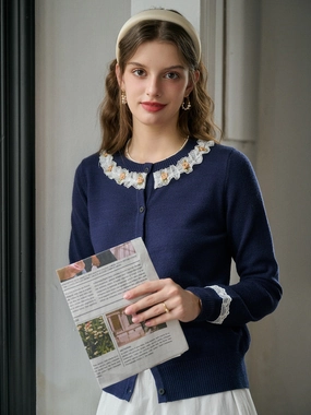 Soft touch finish Non Restrictive Silhouette ??Final Sale??Soleil Round Neck Lace Cardigan