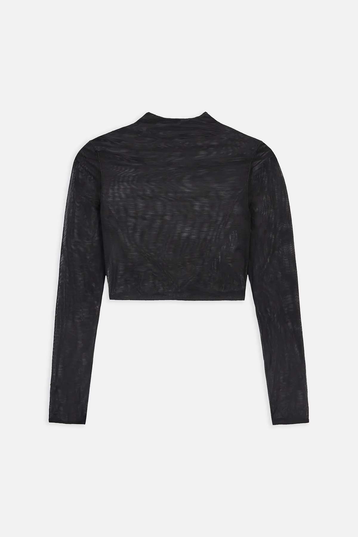 Non Closure Collar Reinforced Seam Technique Mesh Long Sleeve Cropped Top - Black
