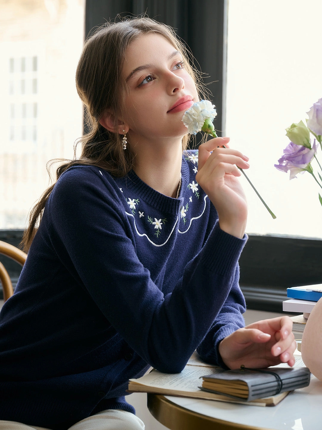 Travel Light GarmentDyed Finish ??Final Sale??Tamsin Round Neck Embroidery Cardigan
