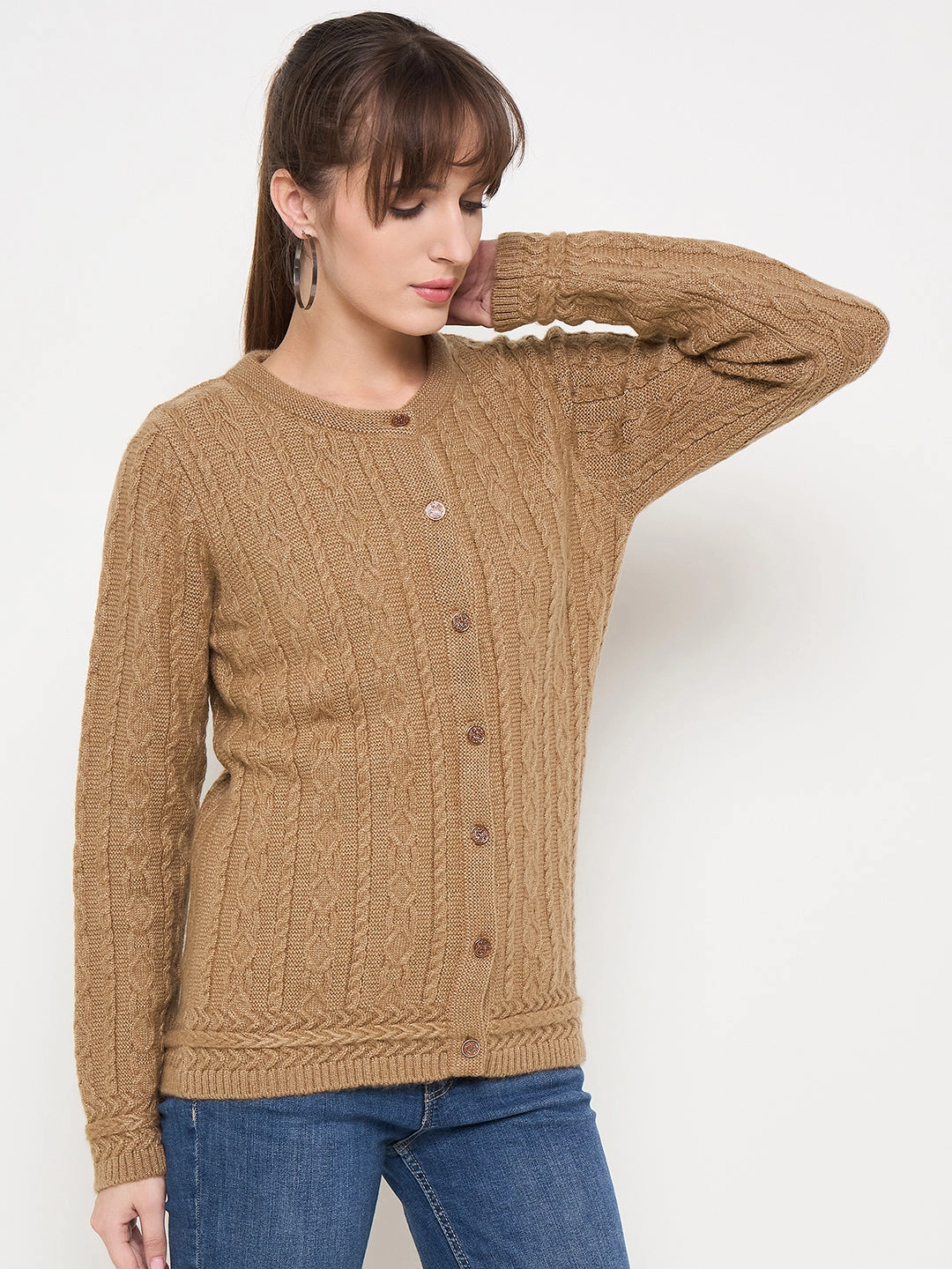 Durable Chainstitch Oversized Collar Madame Solid Camel Cable Knit Cardigan