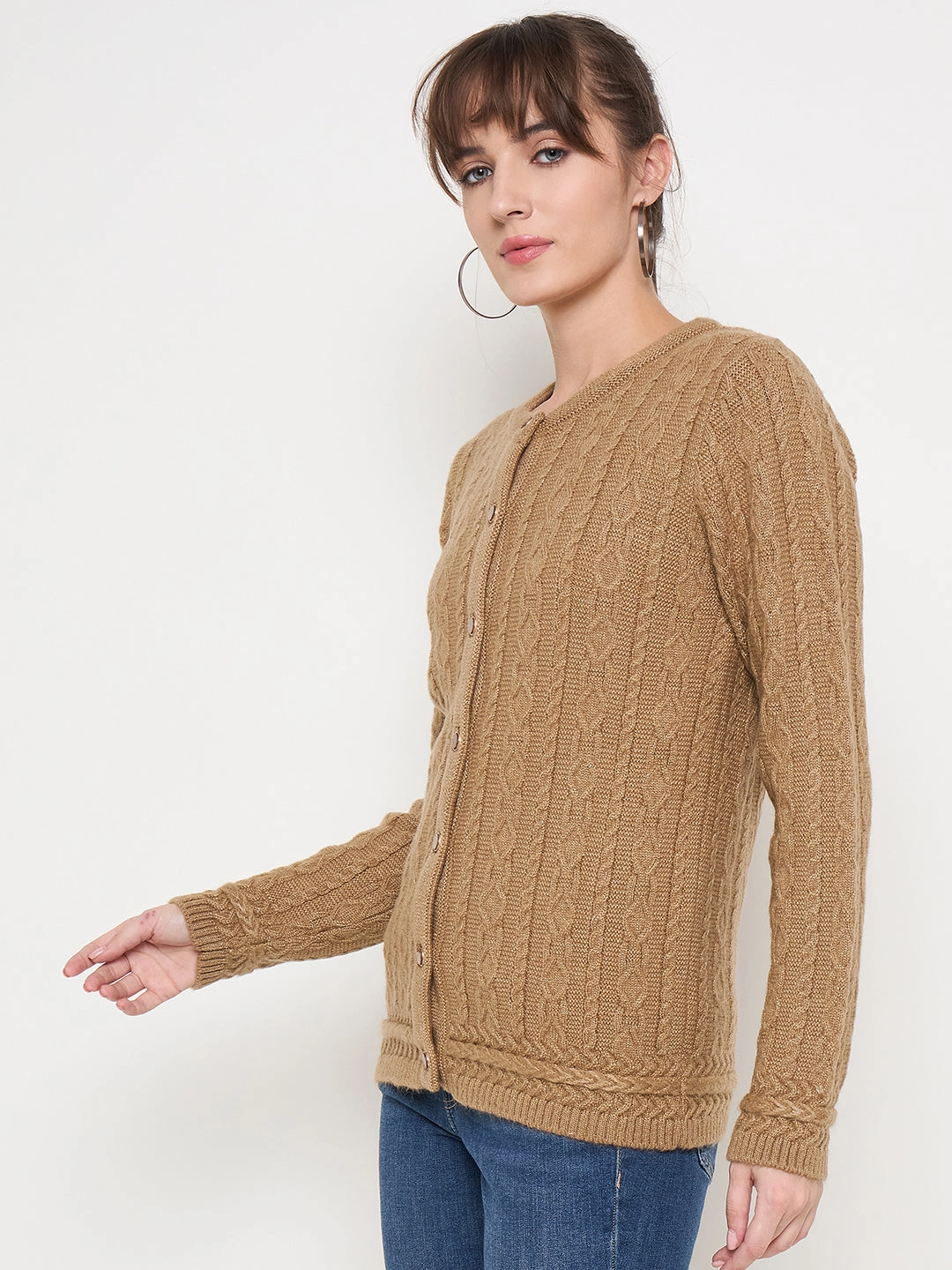 Madame Solid Camel Cable Knit Cardigan ButterySoftTextile Neutral Tone Palette