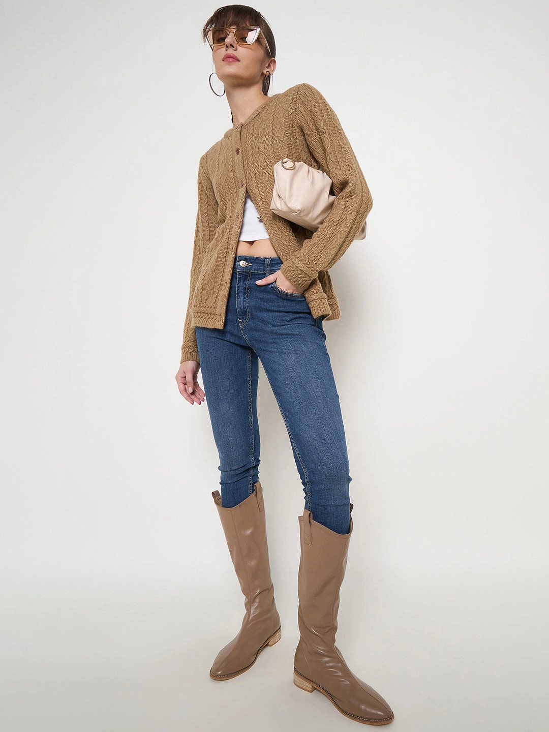 ThermalRegulating Airflow Ventilation Madame Solid Camel Cable Knit Cardigan