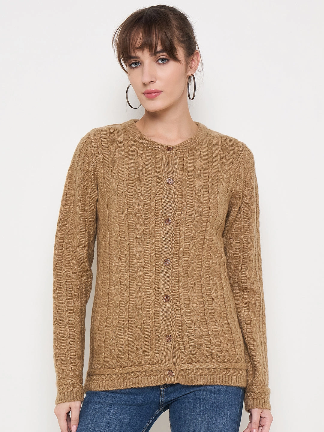 3D Spacer Fabric Madame Solid Camel Cable Knit Cardigan