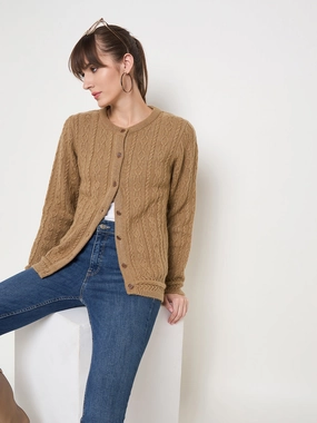 Madame Solid Camel Cable Knit Cardigan Ribbed Trims Flattering Drape