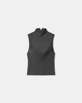 Garment Washed Soft Touch Texture Colson - Slip Satin Turtleneck Top - Dark Green