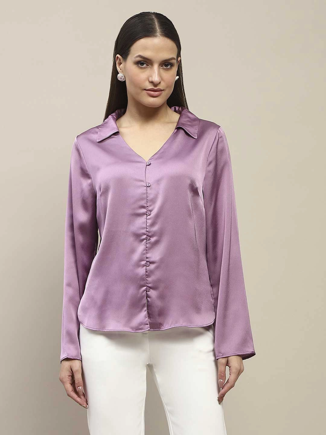 Durable Weave Madame Satin Bell Sleeve Collared Solid Lilac Top