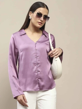 Madame Satin Bell Sleeve Collared Solid Lilac Top Abrasion Resistant Fabric Compact Thermal Insulation