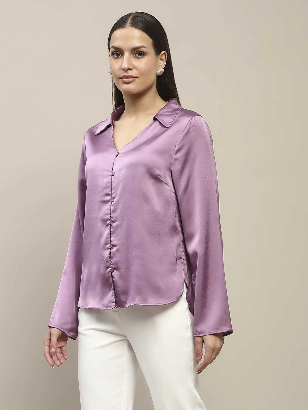 Multipurpose Layering Piece Comfy Fit Madame Satin Bell Sleeve Collared Solid Lilac Top