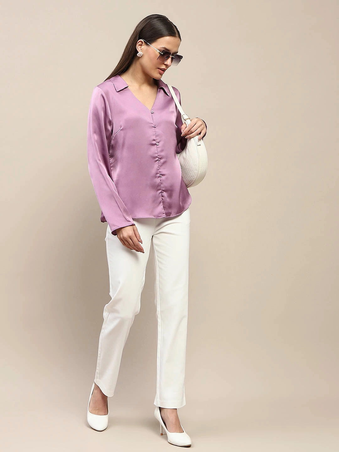 Madame Satin Bell Sleeve Collared Solid Lilac Top BreathableMeshPanel
