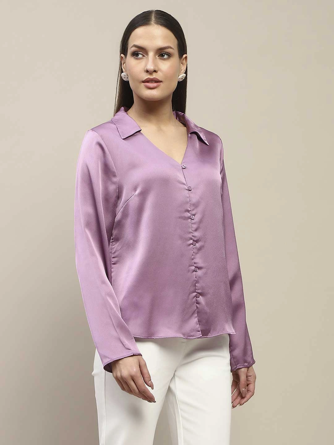 Compression Fit Technology Madame Satin Bell Sleeve Collared Solid Lilac Top