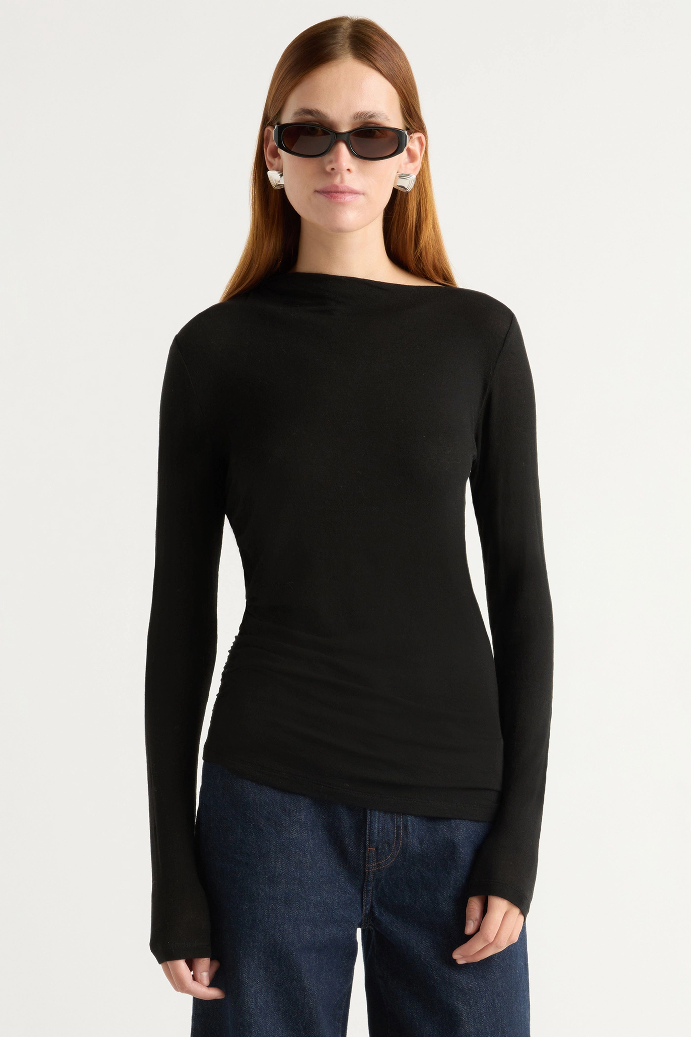 Vittoria Asymmetric-Neck Semi-Sheer Ruched Tee MultiLayer Stitching Quick Dry Fabric