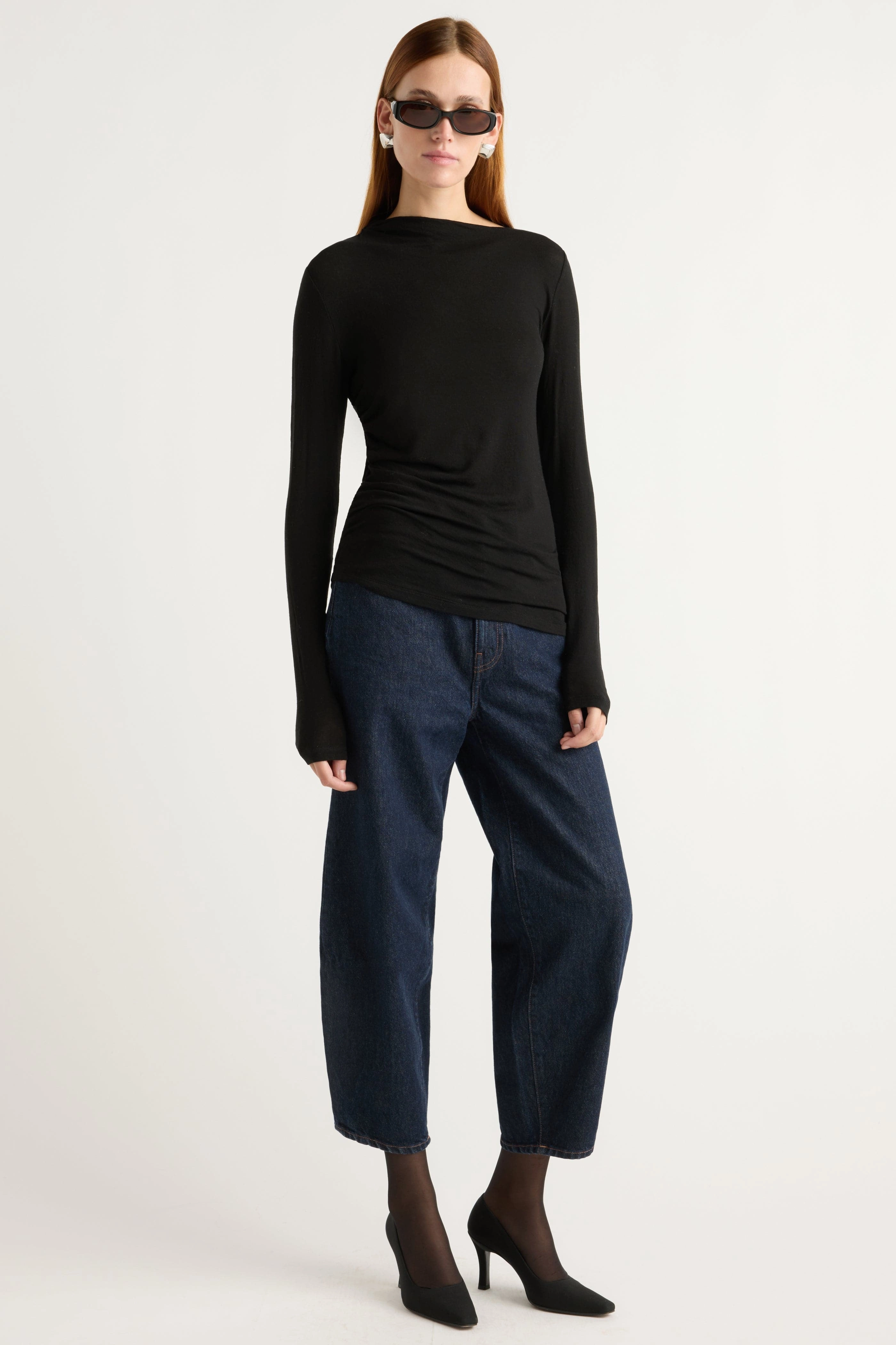 Vittoria Asymmetric-Neck Semi-Sheer Ruched Tee Stain Repellent Coating Double Stitched Hem
