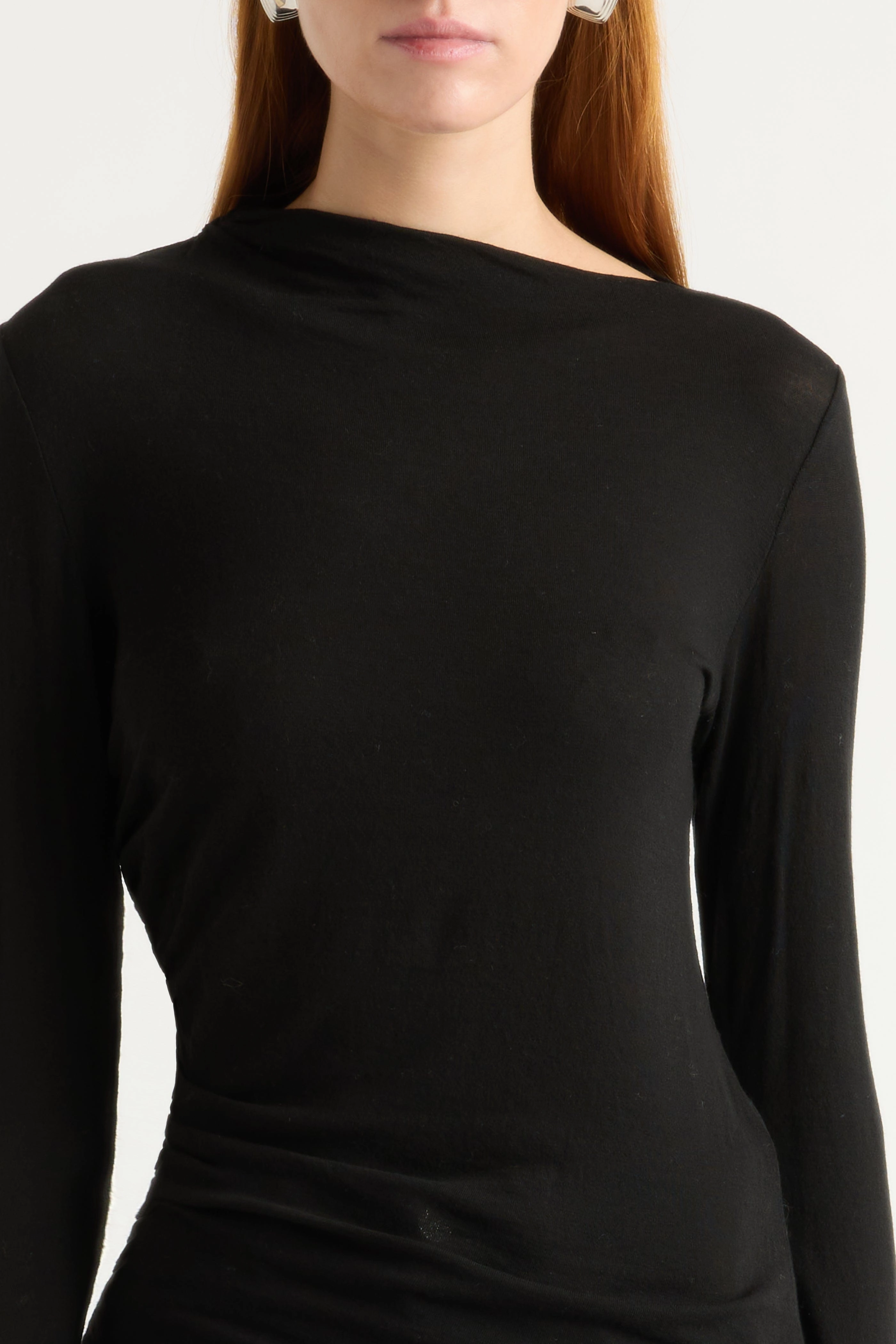 Vittoria Asymmetric-Neck Semi-Sheer Ruched Tee Adjustable Collar System SelfFabric Binding