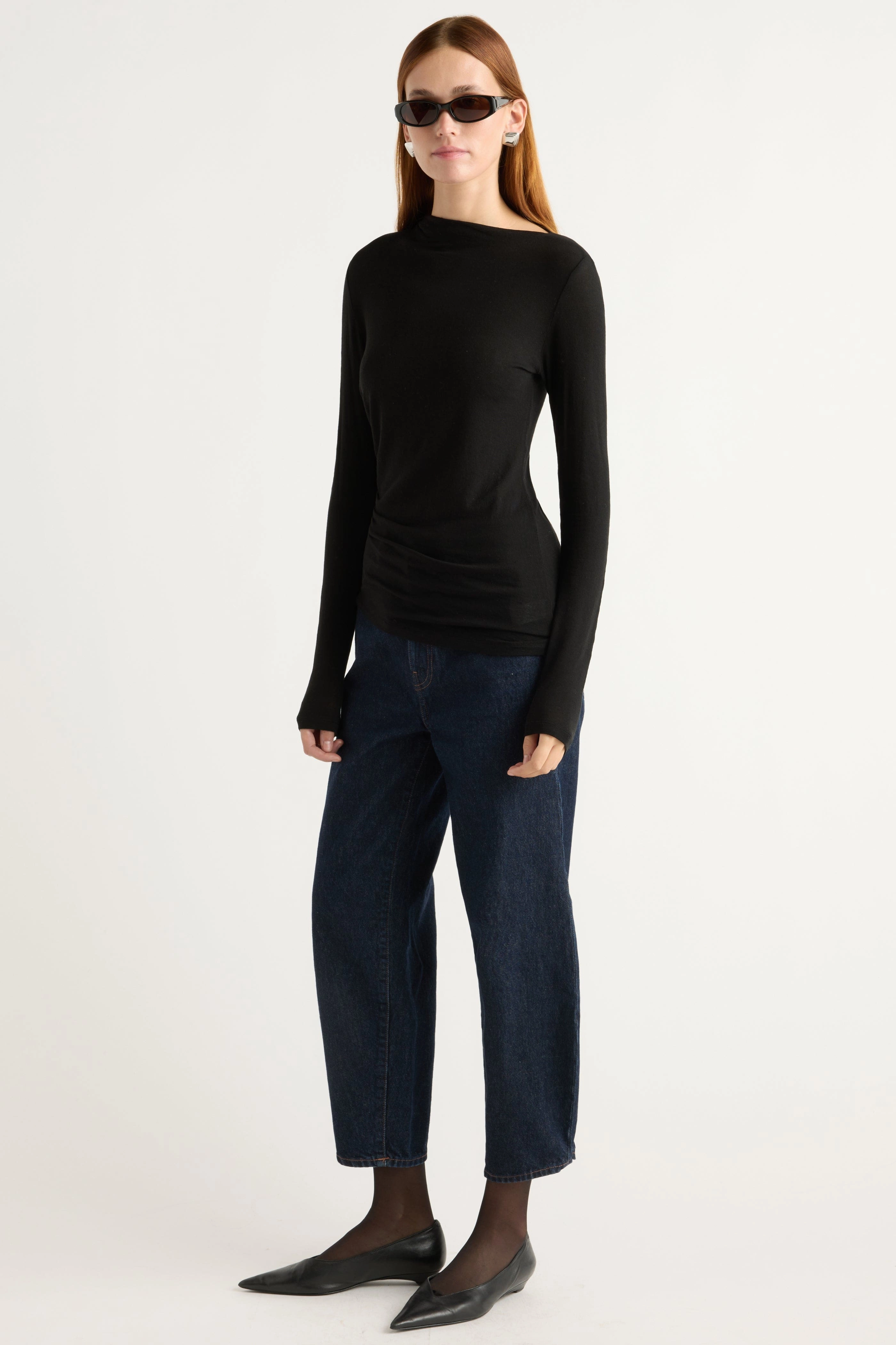 HiddenVentilationPockets Vittoria Asymmetric-Neck Semi-Sheer Ruched Tee