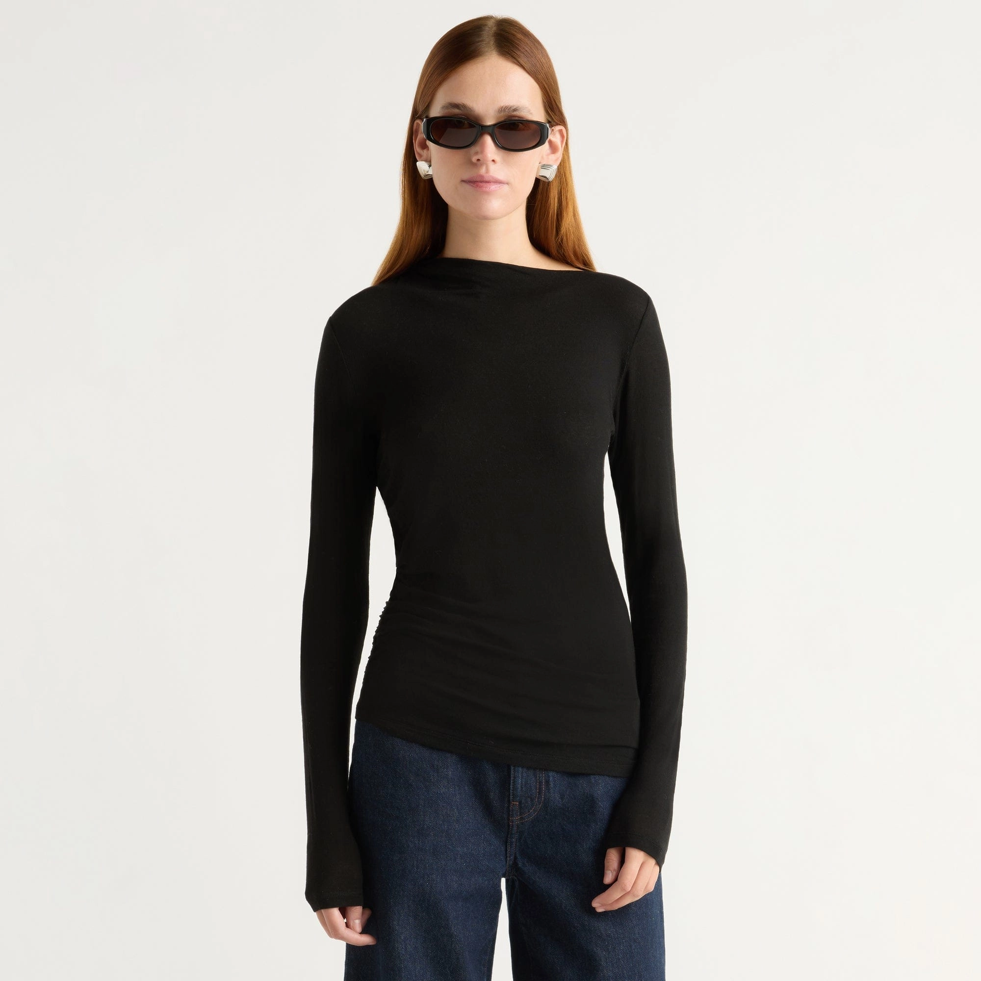 Vittoria Asymmetric-Neck Semi-Sheer Ruched Tee UltraSoftLining