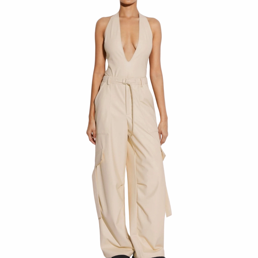 WrinkleResistantMaterial Non Tapered Leg Ecru Faux Leather Pocket Pant