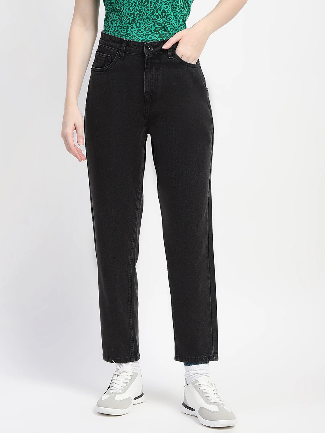Madame Cotton Solid Black Straight Denim Classic Gym Ready