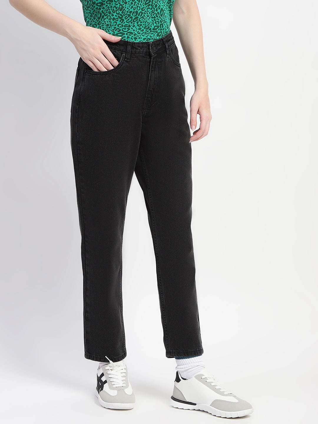 Madame Cotton Solid Black Straight Denim Anti Slip Belt Loops Everyday Look