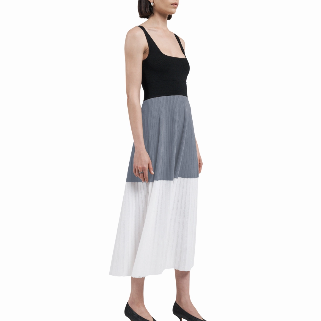Square Neck Color Block Dress Shape Hug Petite-Size