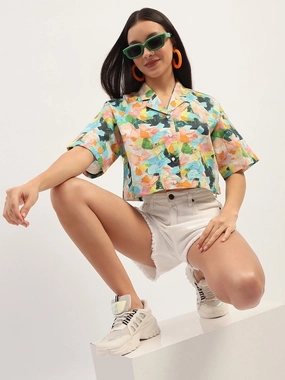Madame Graphic Print Cotton Sky Blue Cropped Shirt Beach Ready Sophisticated Look