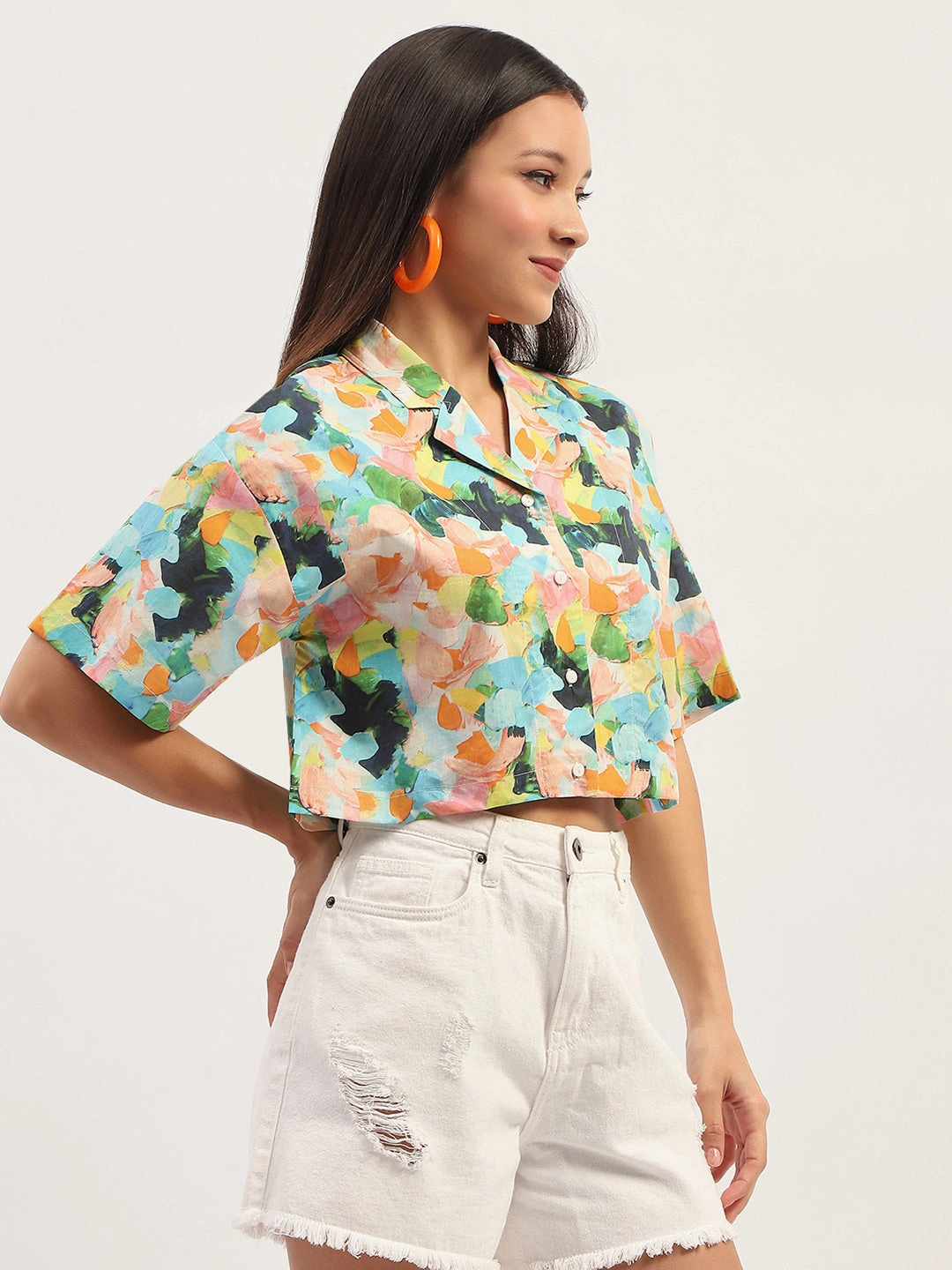 Casual Day Low Maintenance Madame Graphic Print Cotton Sky Blue Cropped Shirt
