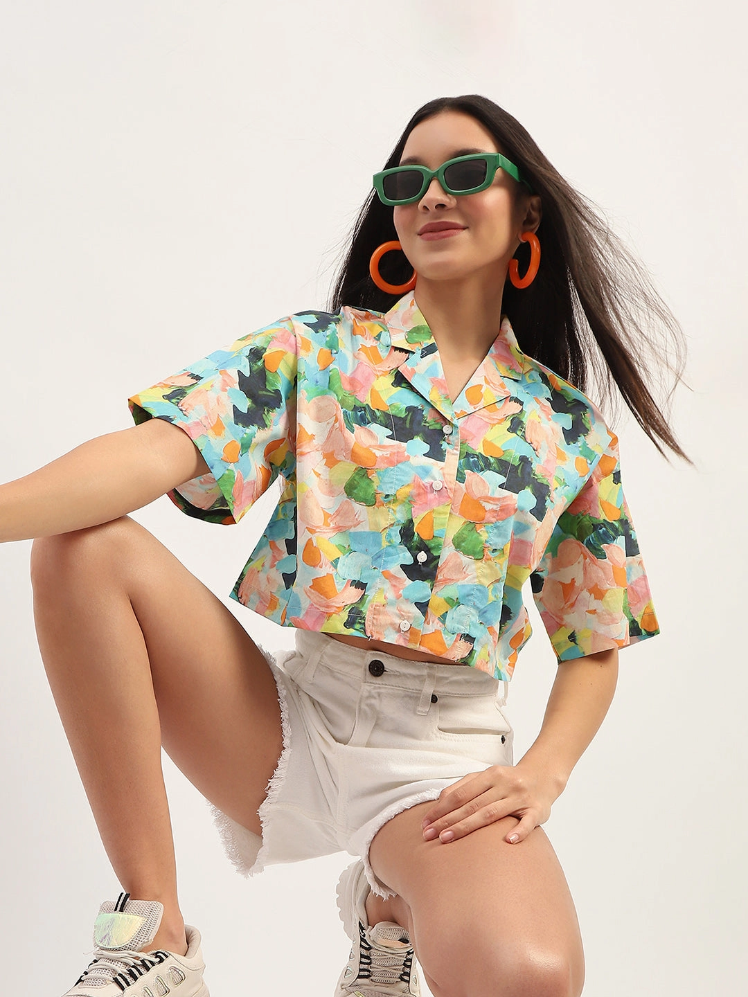 Two Tone Stitching Madame Graphic Print Cotton Sky Blue Cropped Shirt