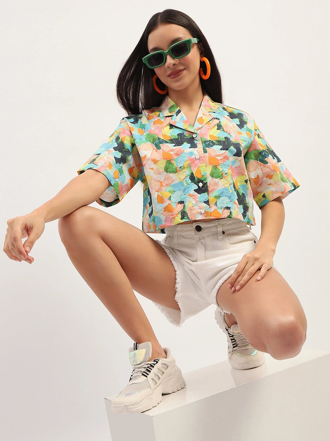 Madame Graphic Print Cotton Sky Blue Cropped Shirt Beach Ready Sophisticated Look